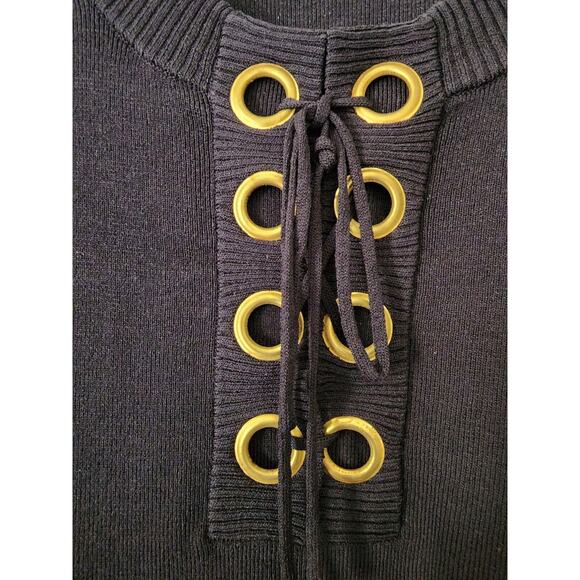 SWEATER/TOP-BLACK CABLE & GAUGE-Black Knit-Gold Rivets-Lace Up-SIZE M - Picture 5 of 11